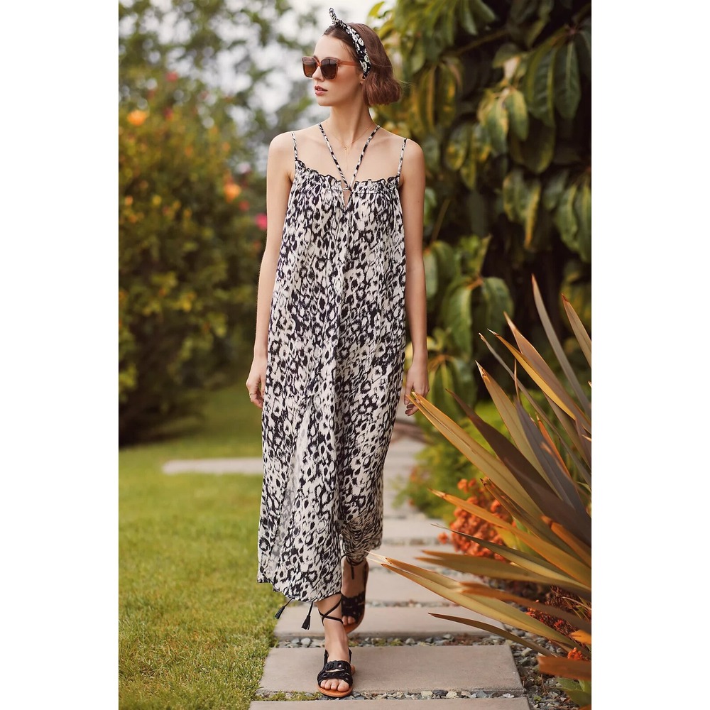 Anthropologie Strappy Midi Dress Women's XL Black White‎ Animal Print Oversized